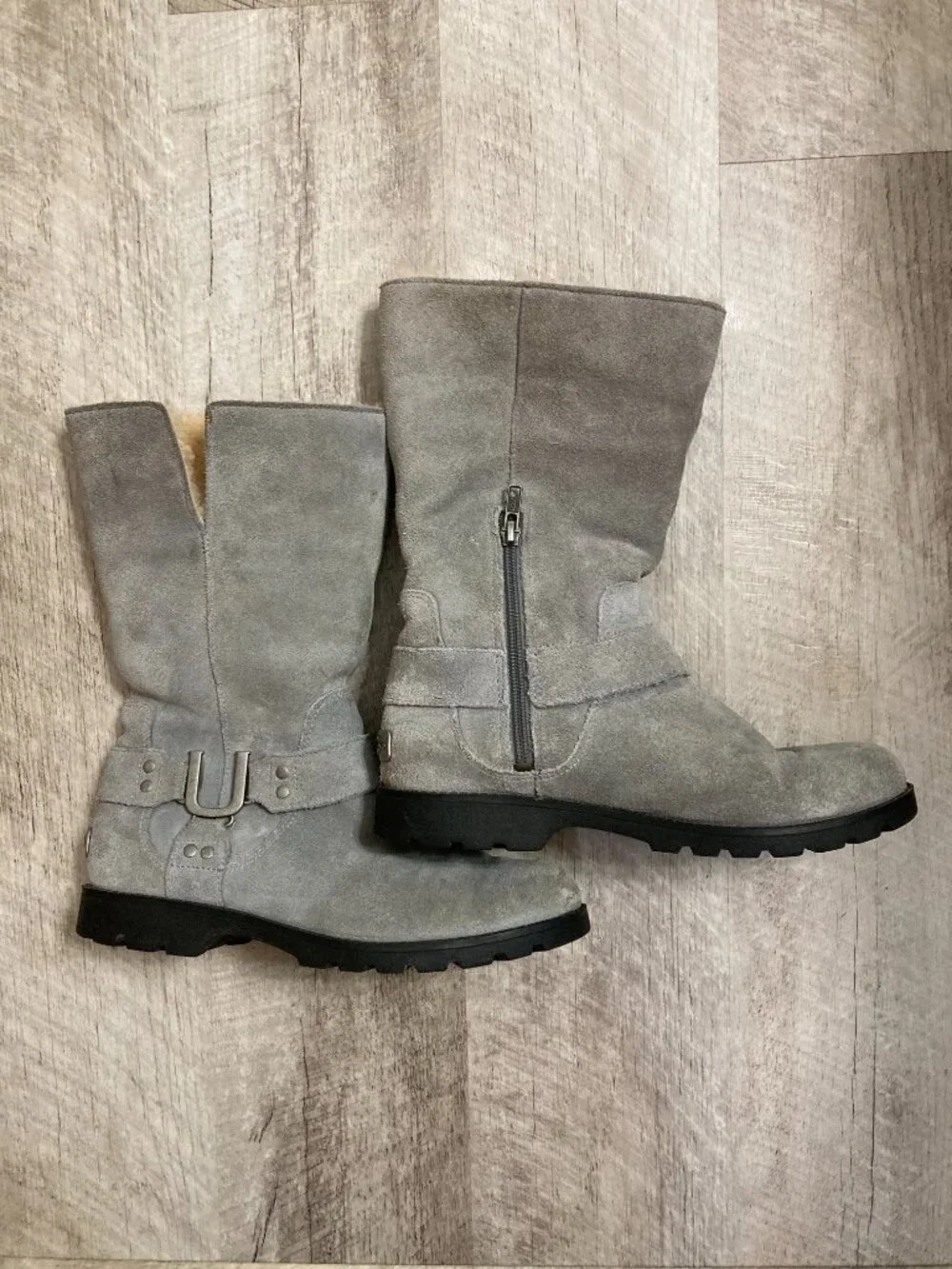 UGG Tall Gray Suede Boots With Metal U Buckle - 8